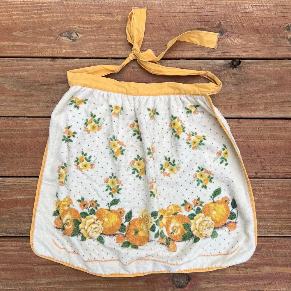 Vintage 70s Terrycloth Apron Fruit Floral Yellow Tie Back Retro Kitchen Hostess